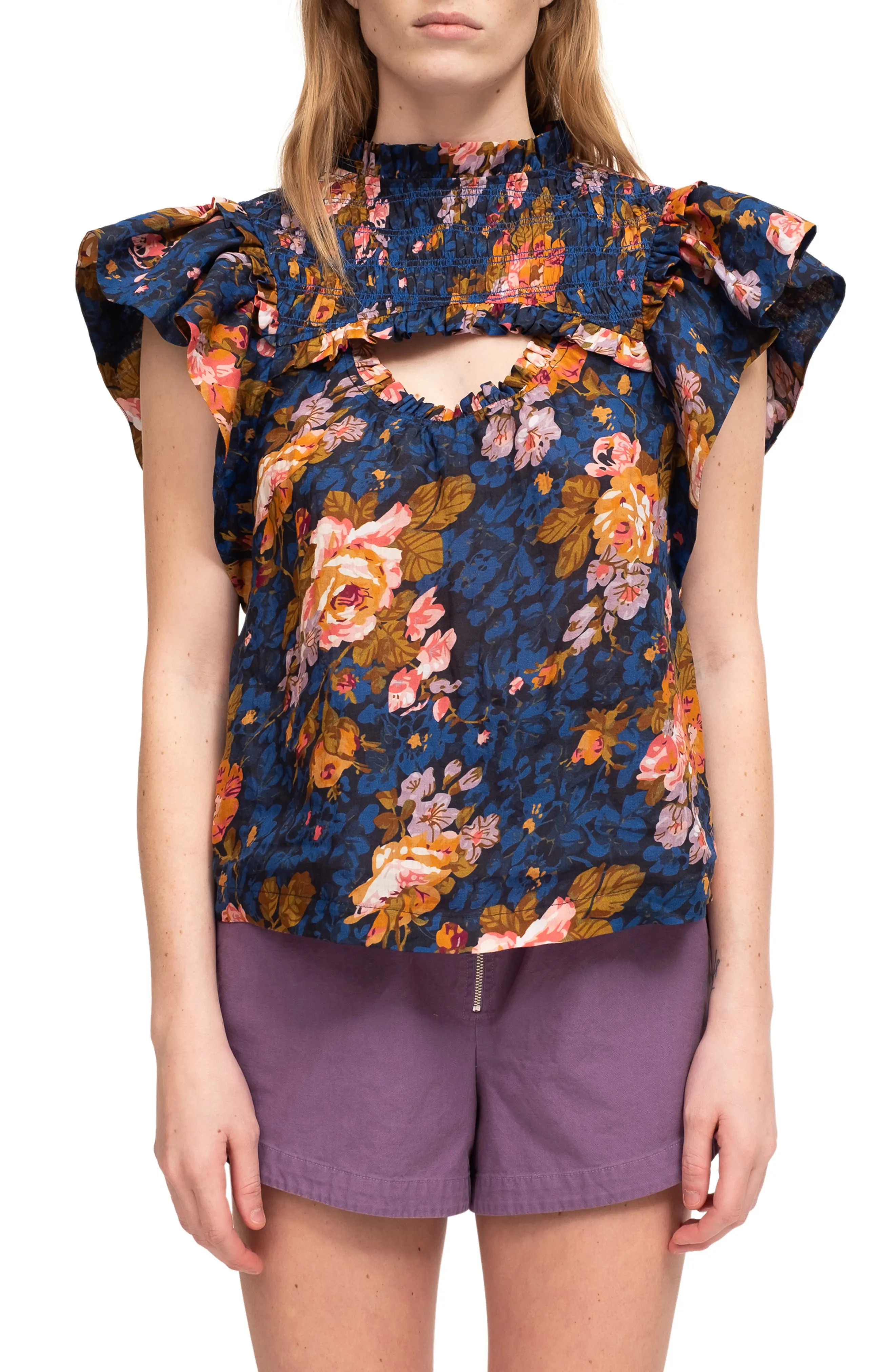 Sea Ines Floral Cutout Detail Smock Blouse in Navy at Nordstrom, Size 4 | Nordstrom