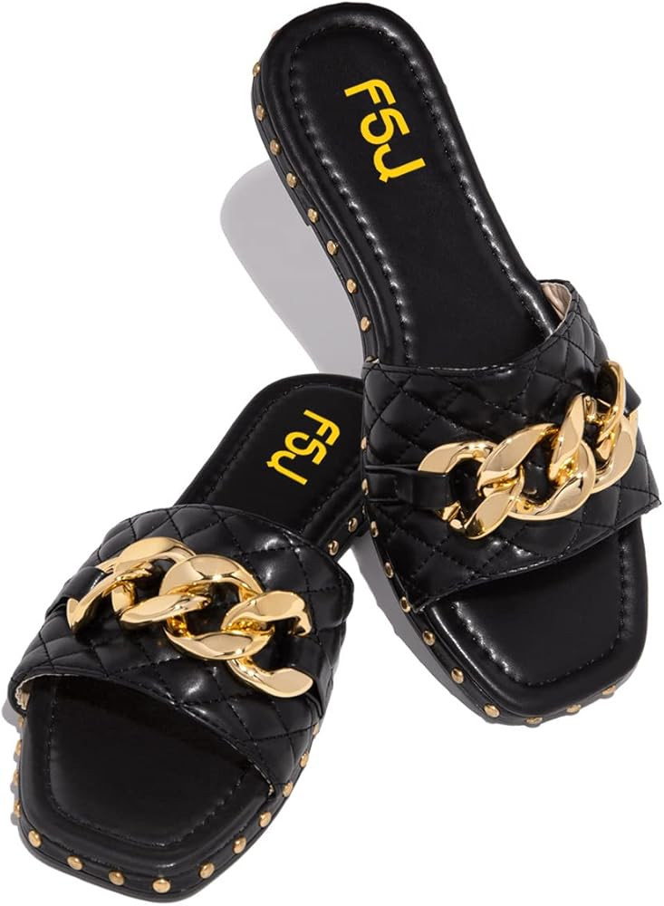 FSJ Women Sexy Square Open Toe Comfortable Flat Thick Sole Cushion Sandals Fashion Gold Chain Style  | Amazon (US)