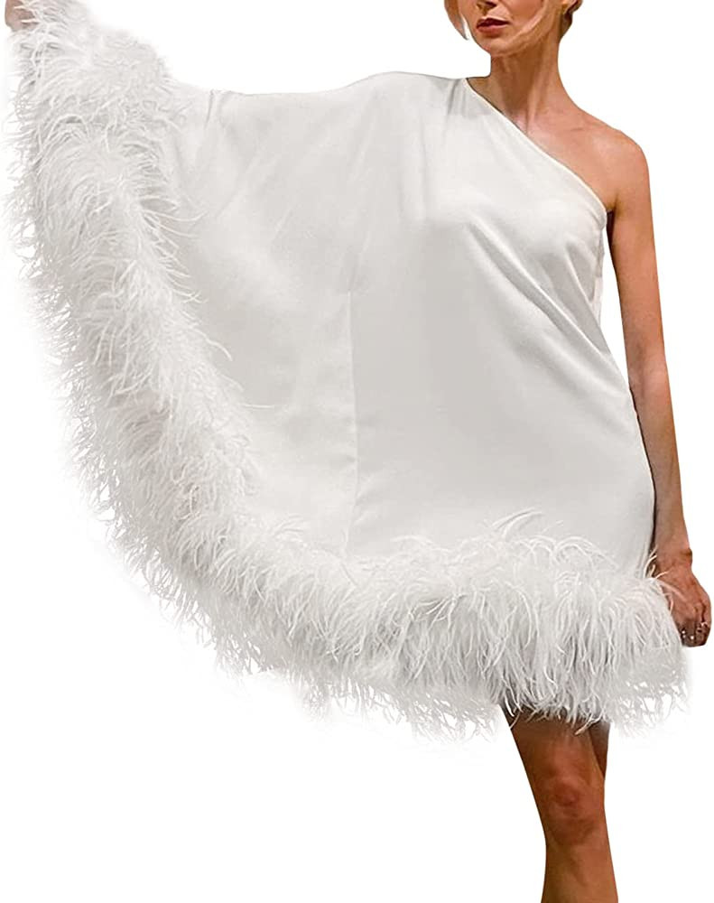 Women Spaghetti Strap Feather Dress Bodycon Midi Dresses Furry Slim Fit Evening Club Party Dress | Amazon (US)