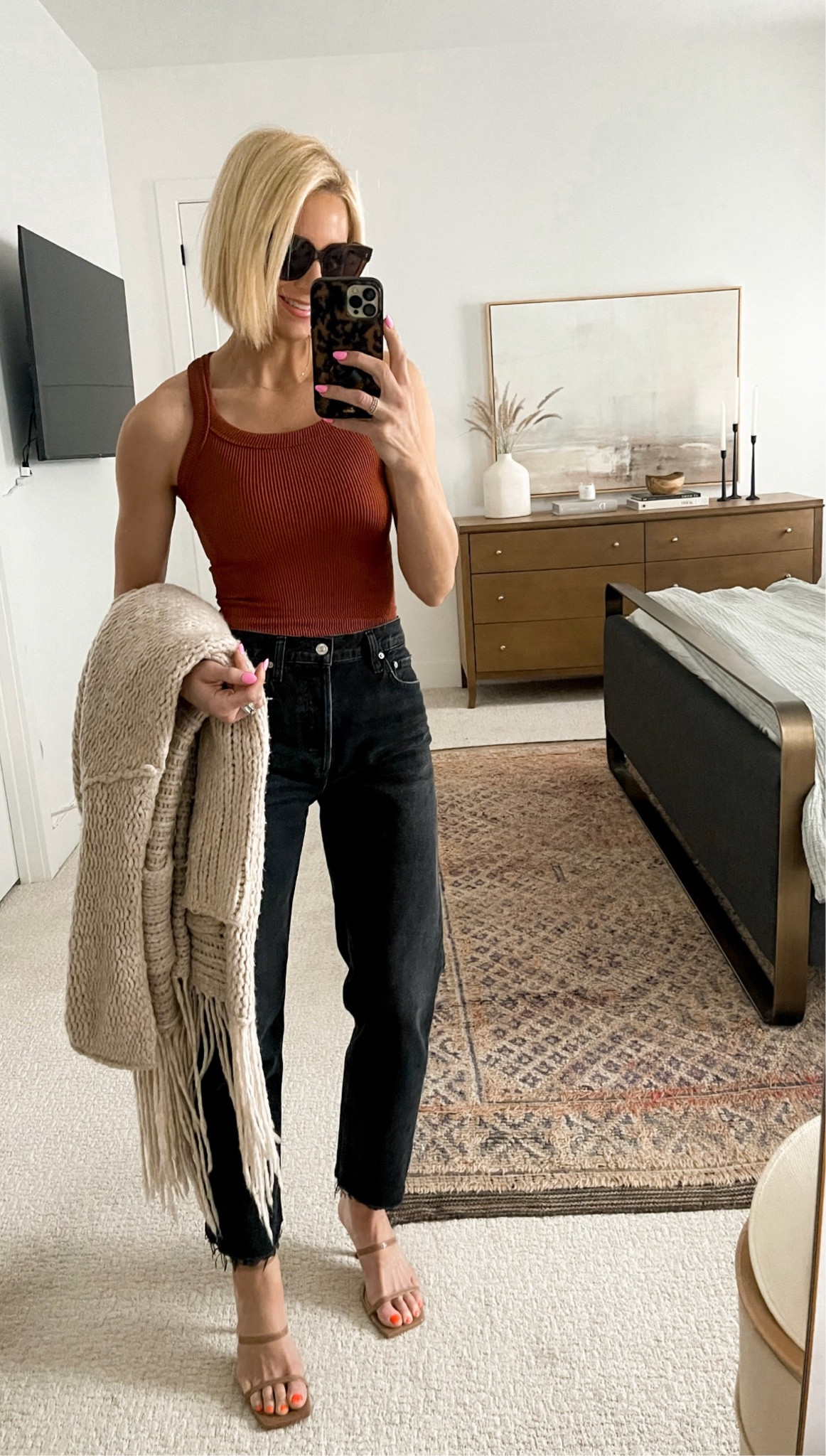 Linked exact jeans & tank
Tank- runs small; wearing M/L
Jeans runs TTS, but loose in waist, wearing 27
Linked other favorites - tank starting at $17 bucks.
Loving this color combo - black, cream/beige, & brown/terracotta! 

#LTKFind #LTKstyletip #LTKSeasonal