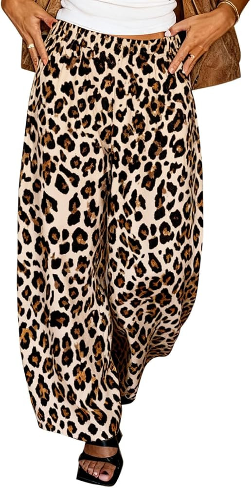 Tankaneo Womens Wide Leg Palazzo Pants Casual Barrel Baggy Pants Elastic High Waist Comfy Trouser... | Amazon (US)