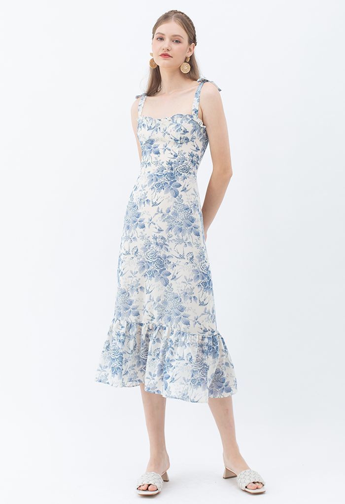 Swallow and Rose Printed Tie-Strap Midi Dress | Chicwish