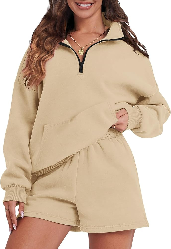 Womens Sweatsuits 2 Piece Outfits Half Zip Sweatshirt Sweat Shorts with Pockets Lounge Sets | Amazon (US)