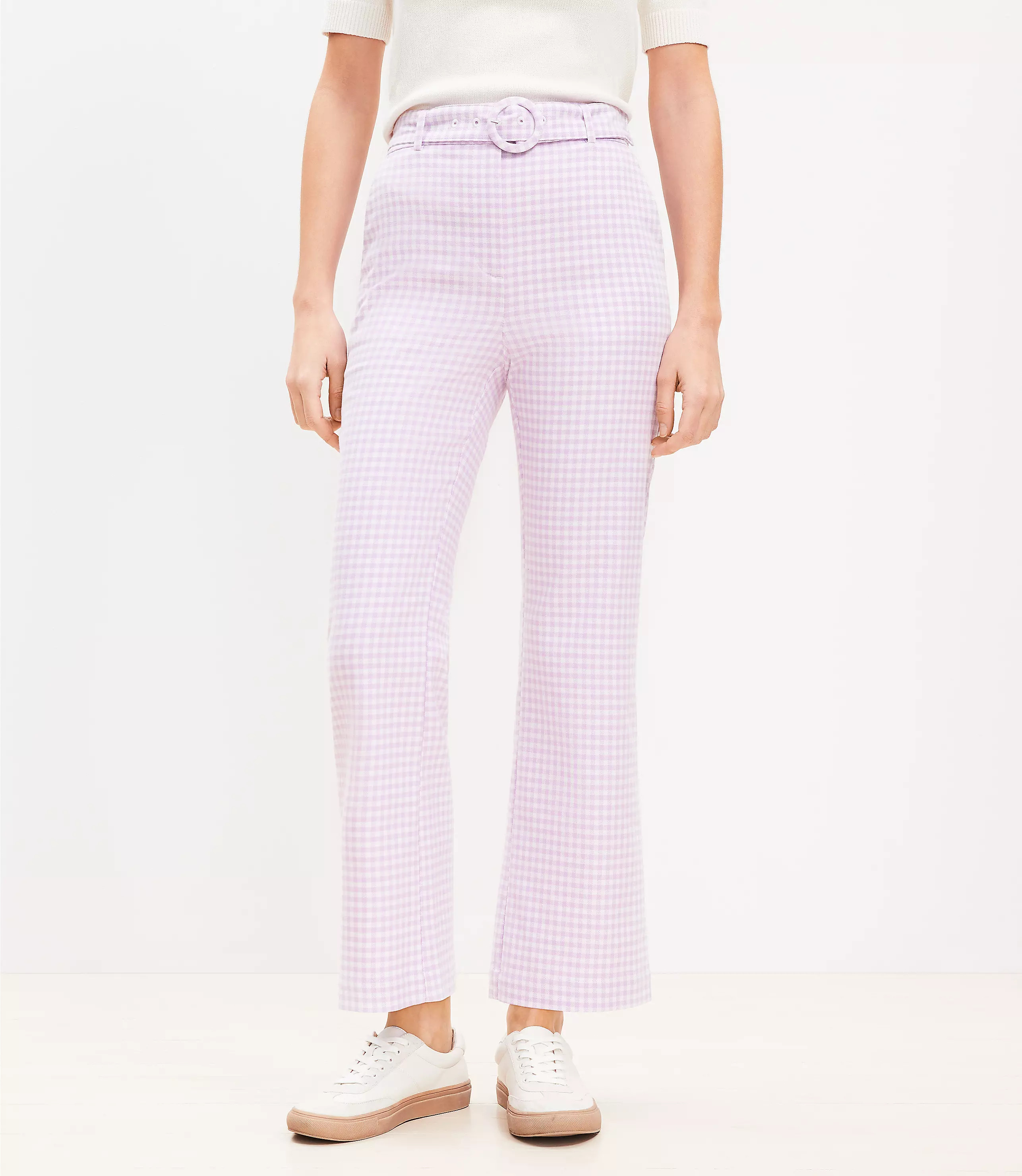 Petite Belted Sutton Kick Crop Pants in Gingham | LOFT