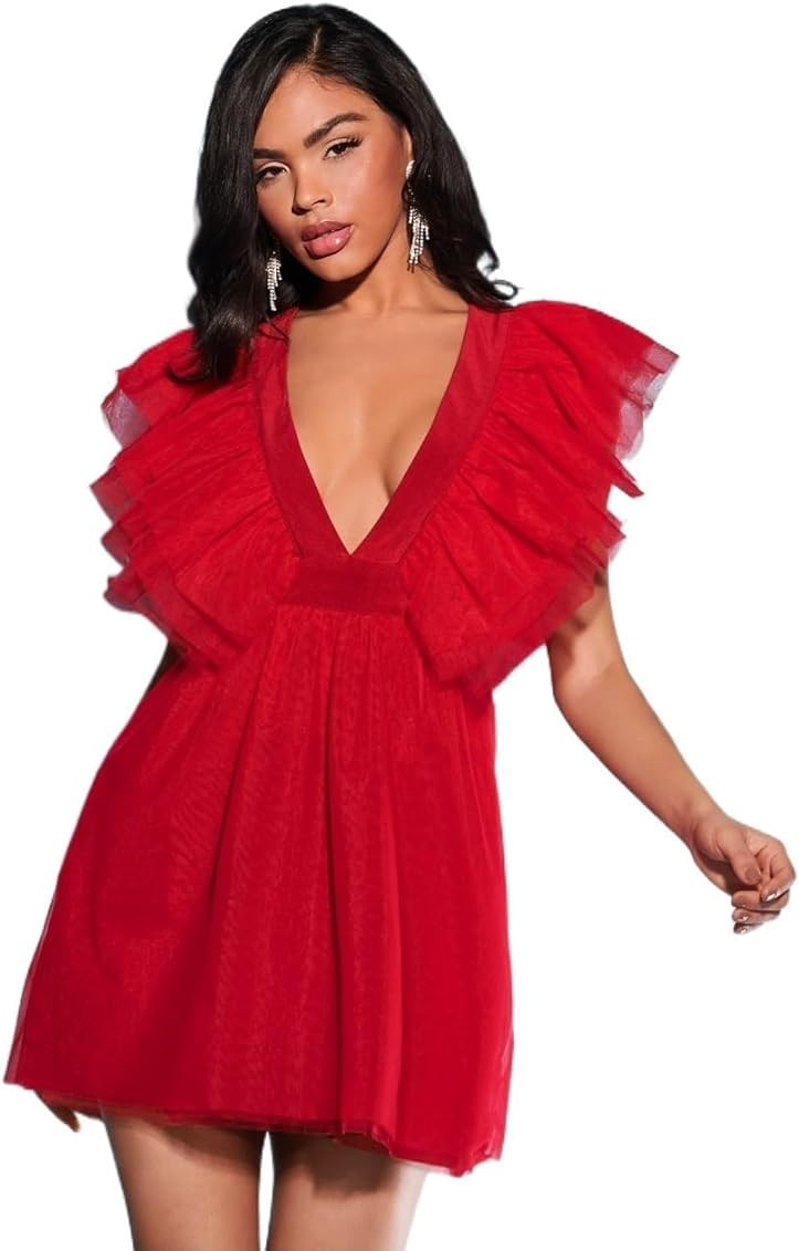 Plunging Neck Rugfle Mesh Dress | Amazon (US)