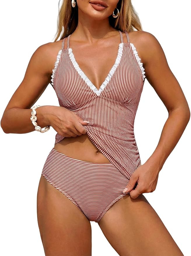 ZAFUL Womens Tankini Swimsuits Smocked 2 Piece Bathing Suits Modest Tie Back Swimwear | Amazon (US)