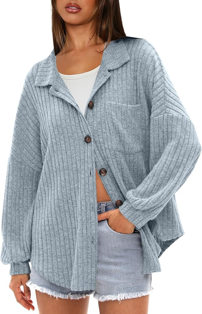Darong Women’s Tops Button Down Shirts Long Sleeve Shacket Jacket Loose Fit Ribbed Knit Work Fa... | Amazon (US)