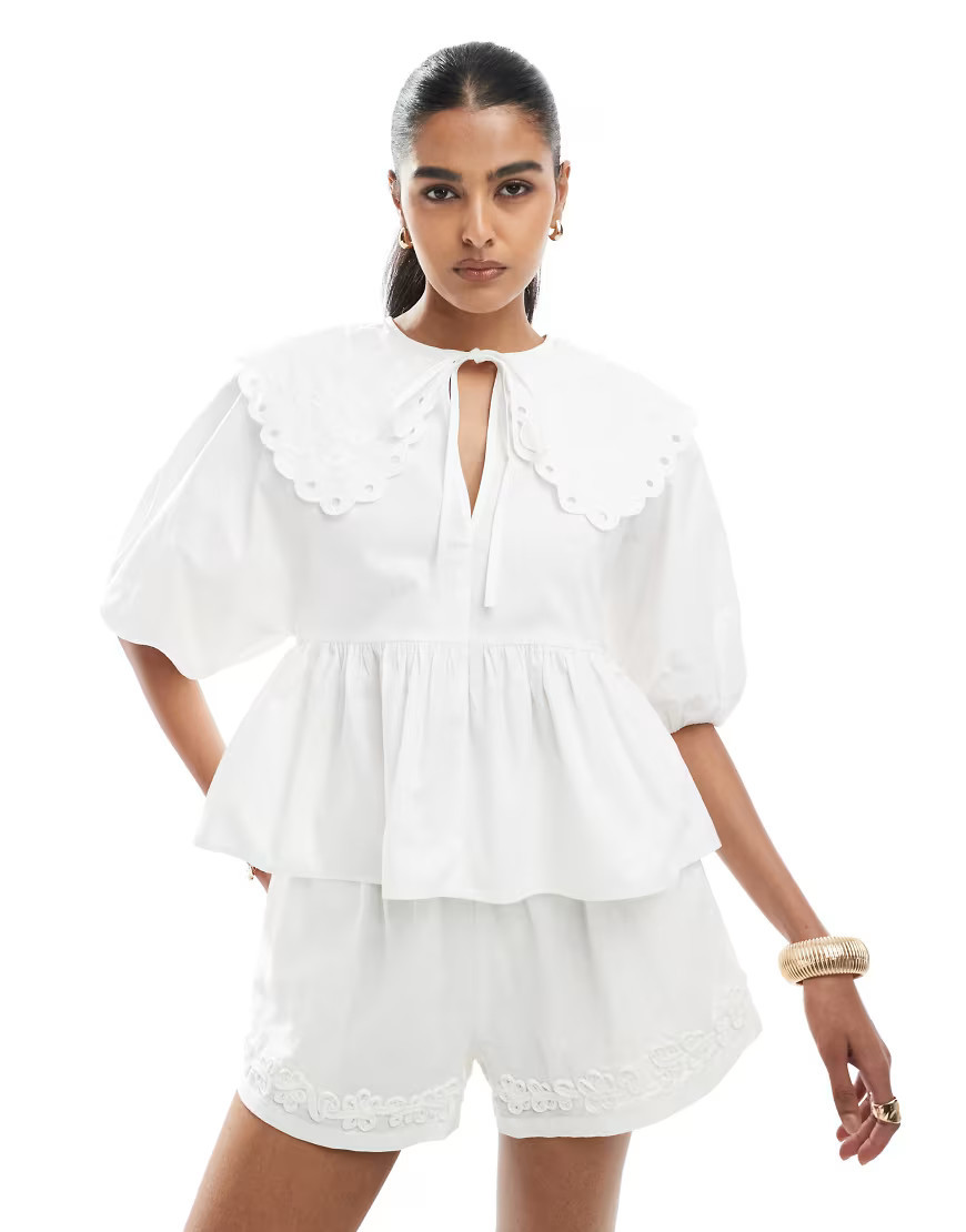 ASOS DESIGN short sleeve smock top with broderie collar in white | ASOS (Global)