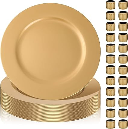24 Sets Gold Charger Plates with Napkin Rings, 13" Round Plastic Dinner Plate Reusable Charger an... | Amazon (US)