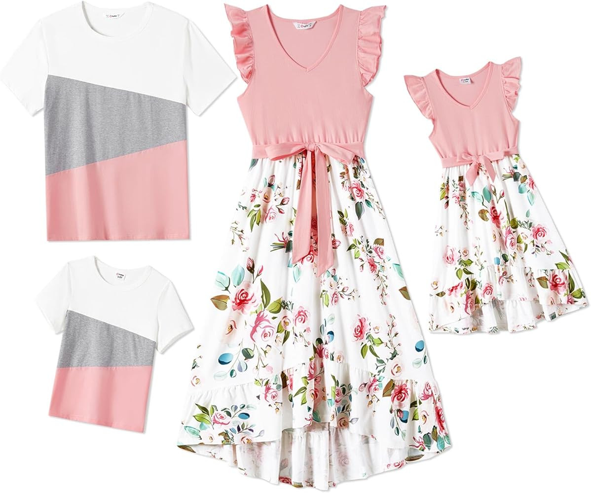 PATPAT Matching Family Beach Outfits Mommy and Me Matching Dresses Floral Print Ruffle Dress and ... | Amazon (US)