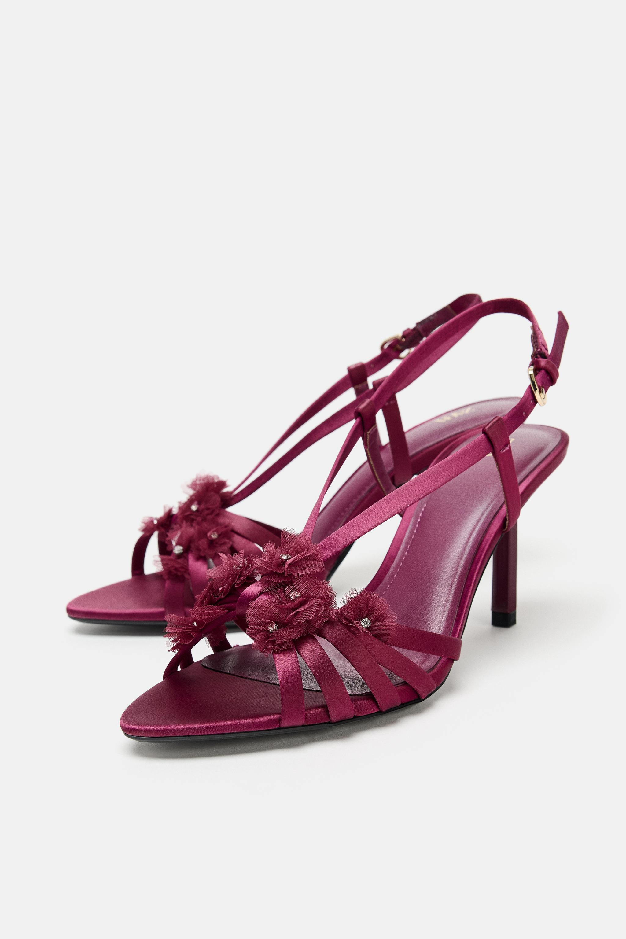 SATIN EFFECT FLORAL HEELED SANDALS | Zara US