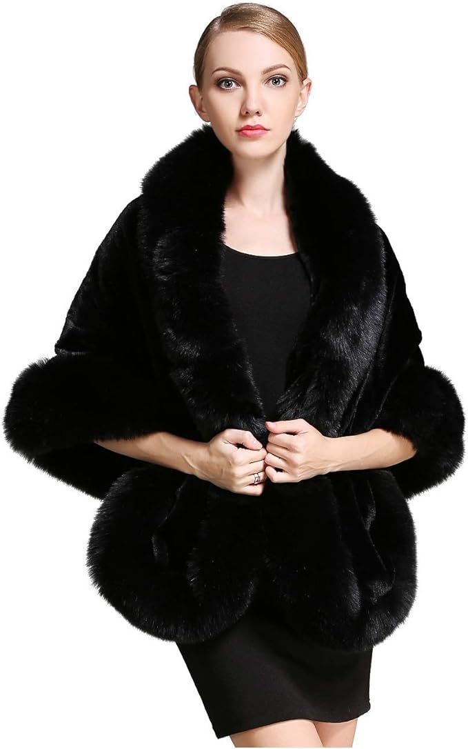 Women's Party Faux Fox Fur Long Shawl Cloak Cape Coat | Amazon (US)