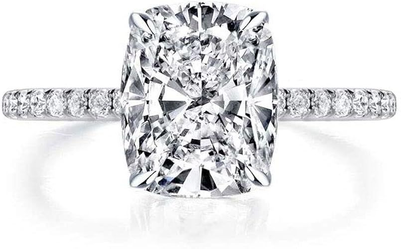 Bo.Dream Cushion Cut 3ct Cubic Zirconia CZ Platinum Plated Sterling Silver Engagement Rings | Amazon (US)