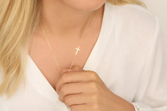 14K Gold Cross Necklace Sideways Cross Charm Necklace Dainty - Etsy | Etsy (US)