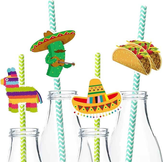 32Pcs Fiesta Party Supplies Straw Set Cinco de Mayo Taco Party Decorations Drinking Straws Mexica... | Amazon (US)