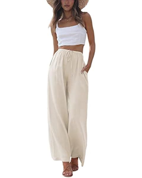 Hooever Women's Wide Leg Cotton Linen Pants High Waist Adjustable Tie Knot Lounge Trousers | Amazon (US)
