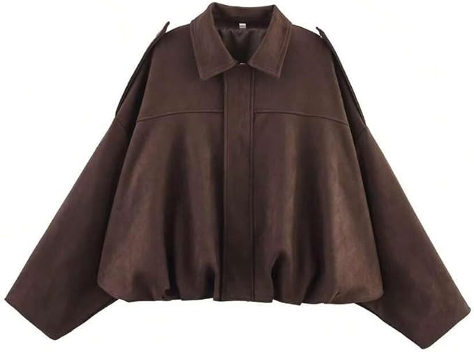 SKAYS Women's Faux Suede Jacket Oversized Long Sleeves Zip Up Bomber Jackets Casual Coat Lapel Pi... | Amazon (US)