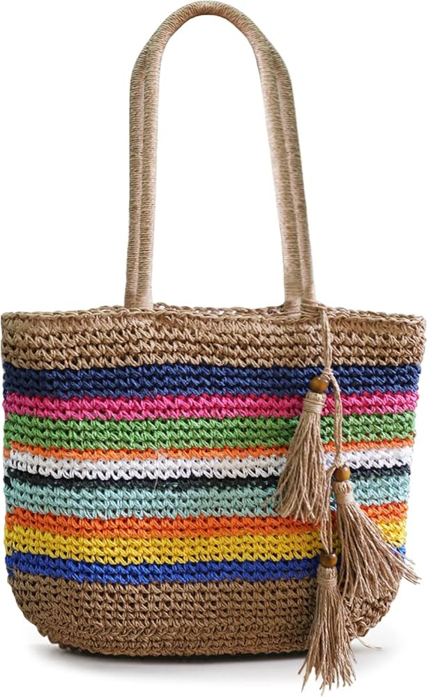 VSUVUR Women Large Rainbow Straw Beach Bag,Woven Tote With Zipper,Oversized Rattan Shoulder Bag | Amazon (US)