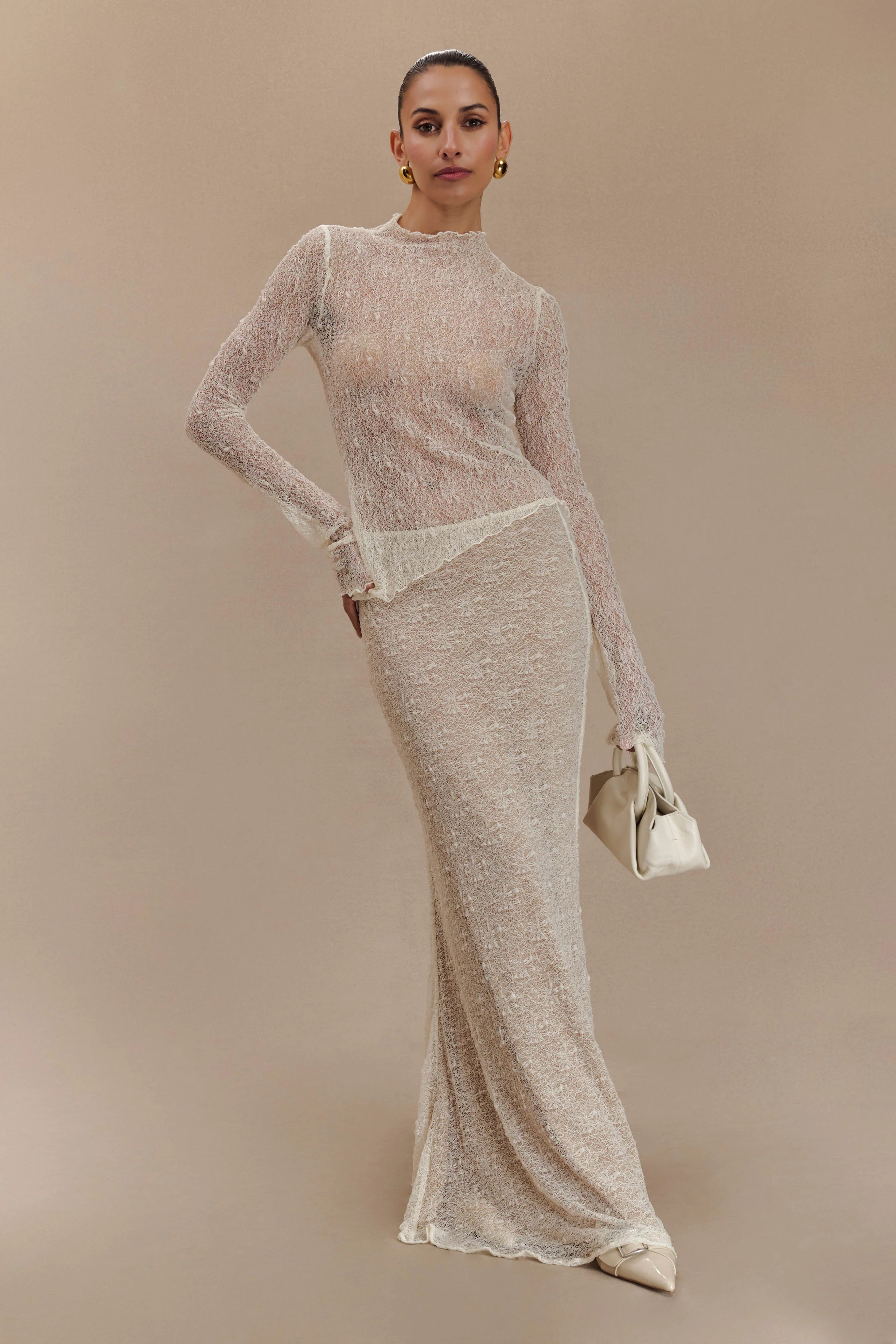 Sheer Lace Maxi Skirt - Ivory | MESHKI US