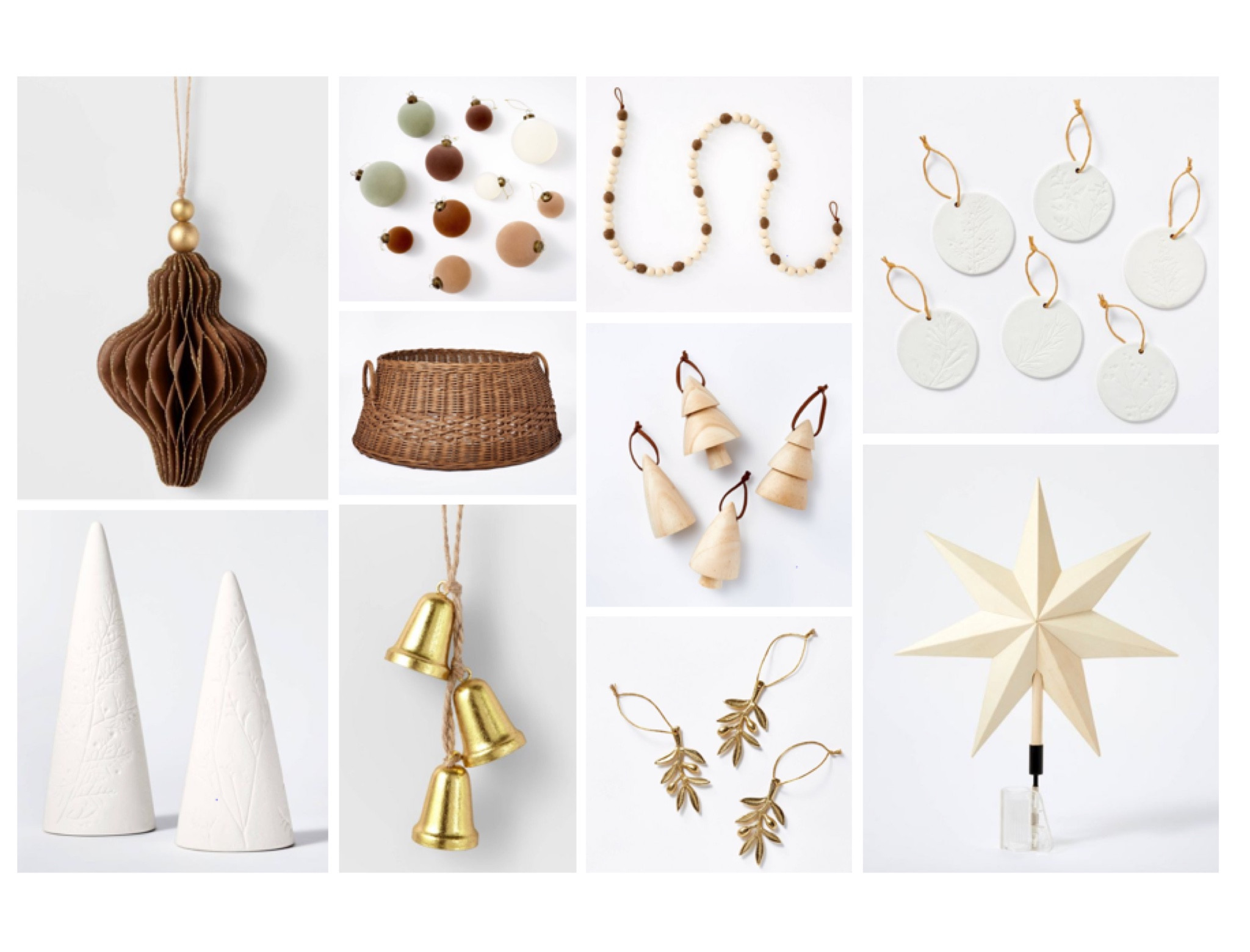 Neutral Christmas holiday winter decor - velvet, ceramic, wooden ornaments, wooden trees with leather tags, gold bells, wooden tree topper, rattan woven tree cuff

#LTKHoliday #LTKhome #LTKSeasonal