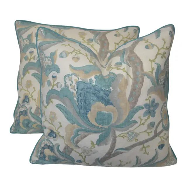 Jacobean Print Fabric Pillows - a Pair | Chairish