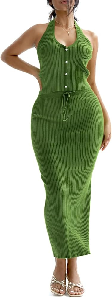 CHERFLY Womens 2 Piece Outfits 2025 Summer Sweater Skirt Sets Halter Top Midi Bodycon Dress | Amazon (US)