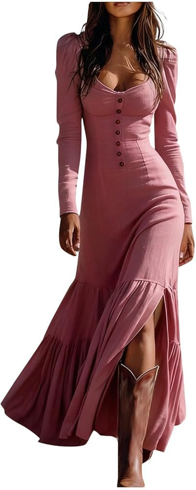 Western Cowgirl Dress for Women Long Sleeve Deep V Neck Boho Vintage Maxi Dress Retro Western Sty... | Amazon (US)