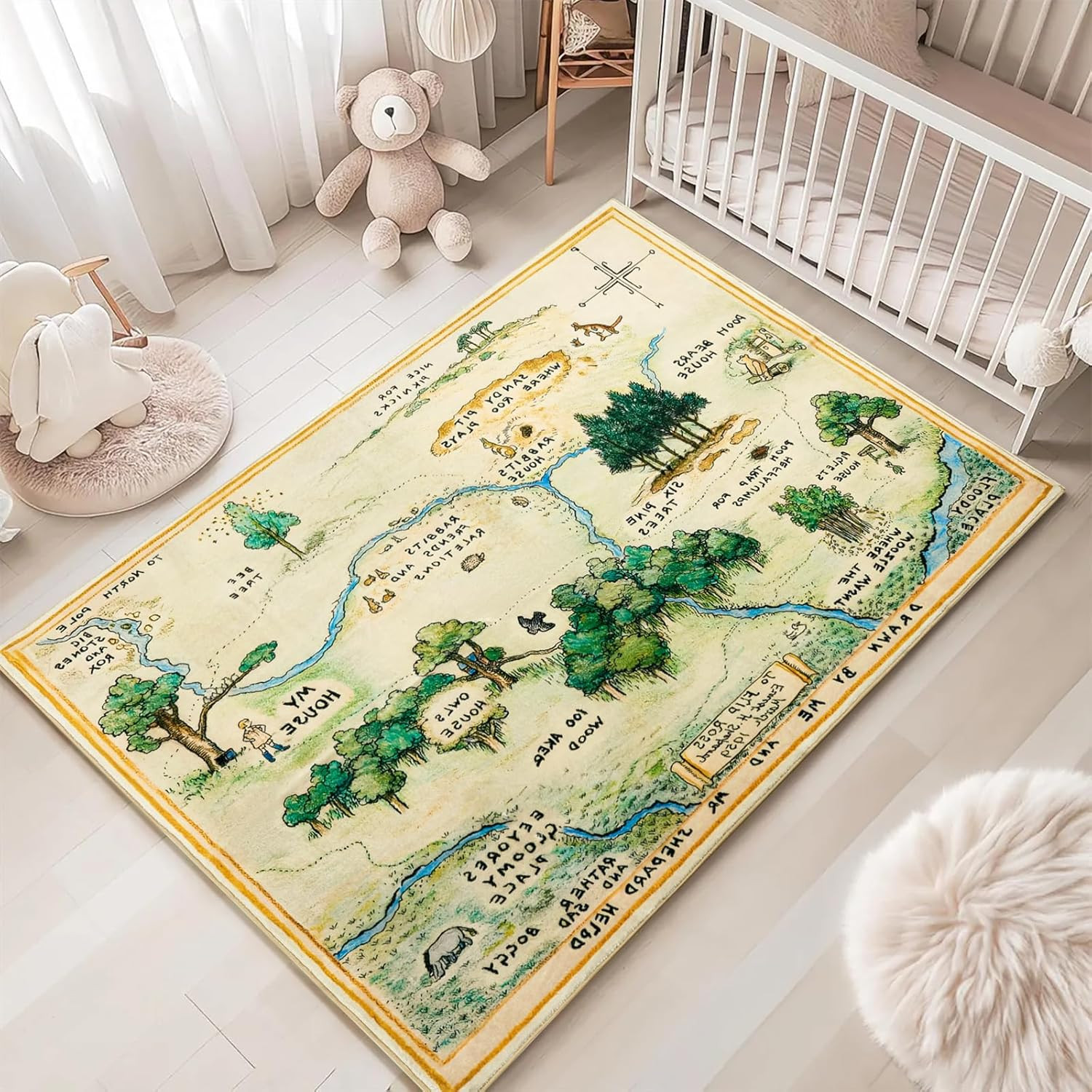 Estmy Washable Vintage Woodland Rug, 3x5 Cute Fun Nursery Rugs for Girls Boys Neutral, Thin Pile Faux Wool Soft Stain Resistant Hundred Acre Wood Map Carpet, Cartoon Retro Kids Play Rug Infant Playmat | Amazon (US)