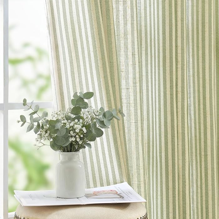 JINCHAN Linen Curtains for Living Room Sage Green on Beige Striped Curtains for Bedroom Ticking S... | Amazon (US)