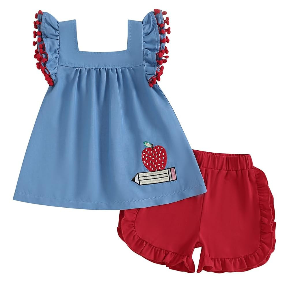 Pudcoco Kids Toddler Girls Back to School Outfit First Day of School Apple Pencil Embroidery Top ... | Amazon (US)