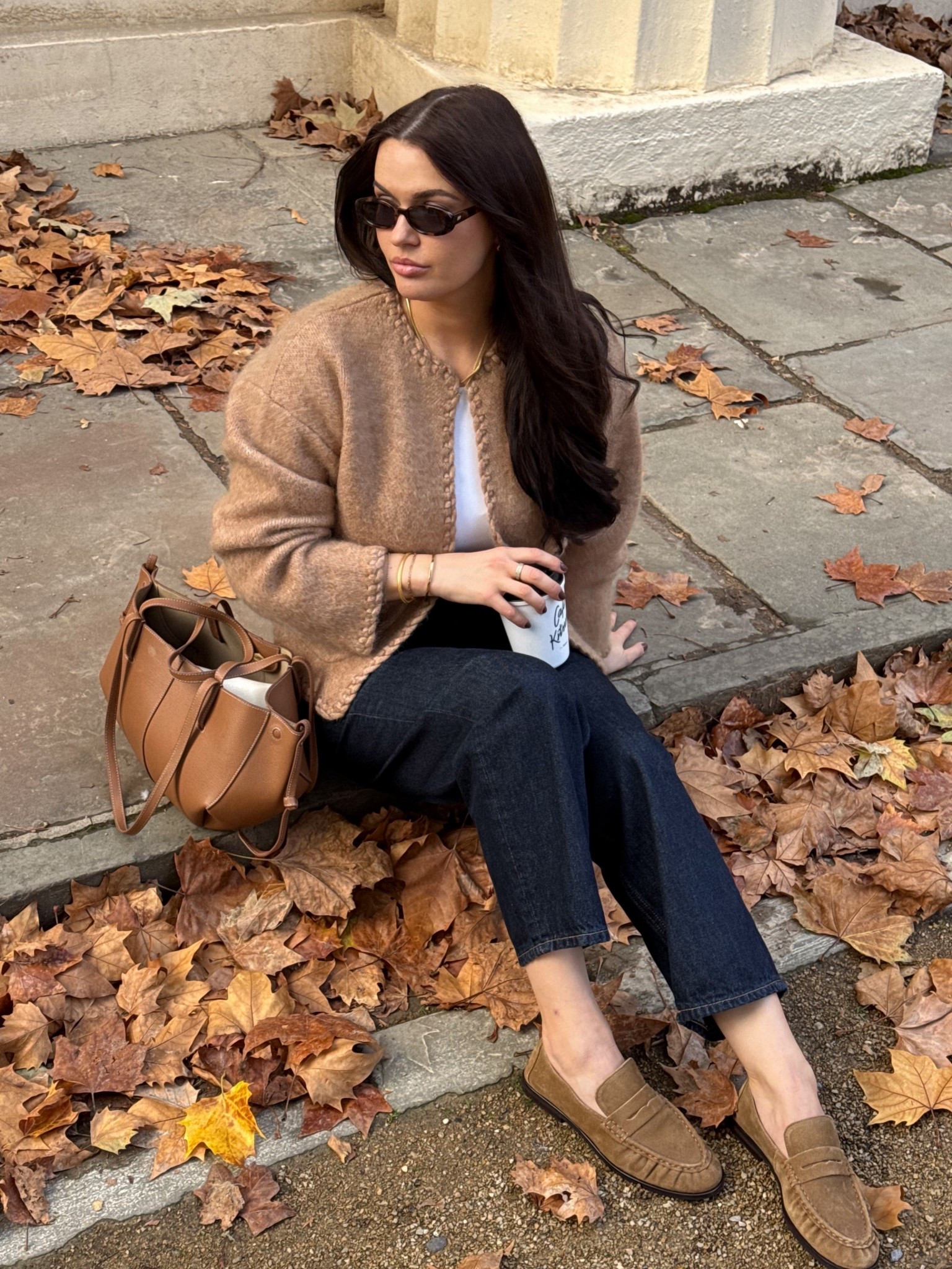 Cosy autumn outfit - Sézane camel brown knit cardigan, cos arch tapered dark blue jeans, M&S camel brown suede loafers, Abercrombie white bodysuit, le specs outta love tortoiseshell sunglasses & polene Paris camel cyme mini handbag 

#LTKautumn #LTKuk #LTKstyletip