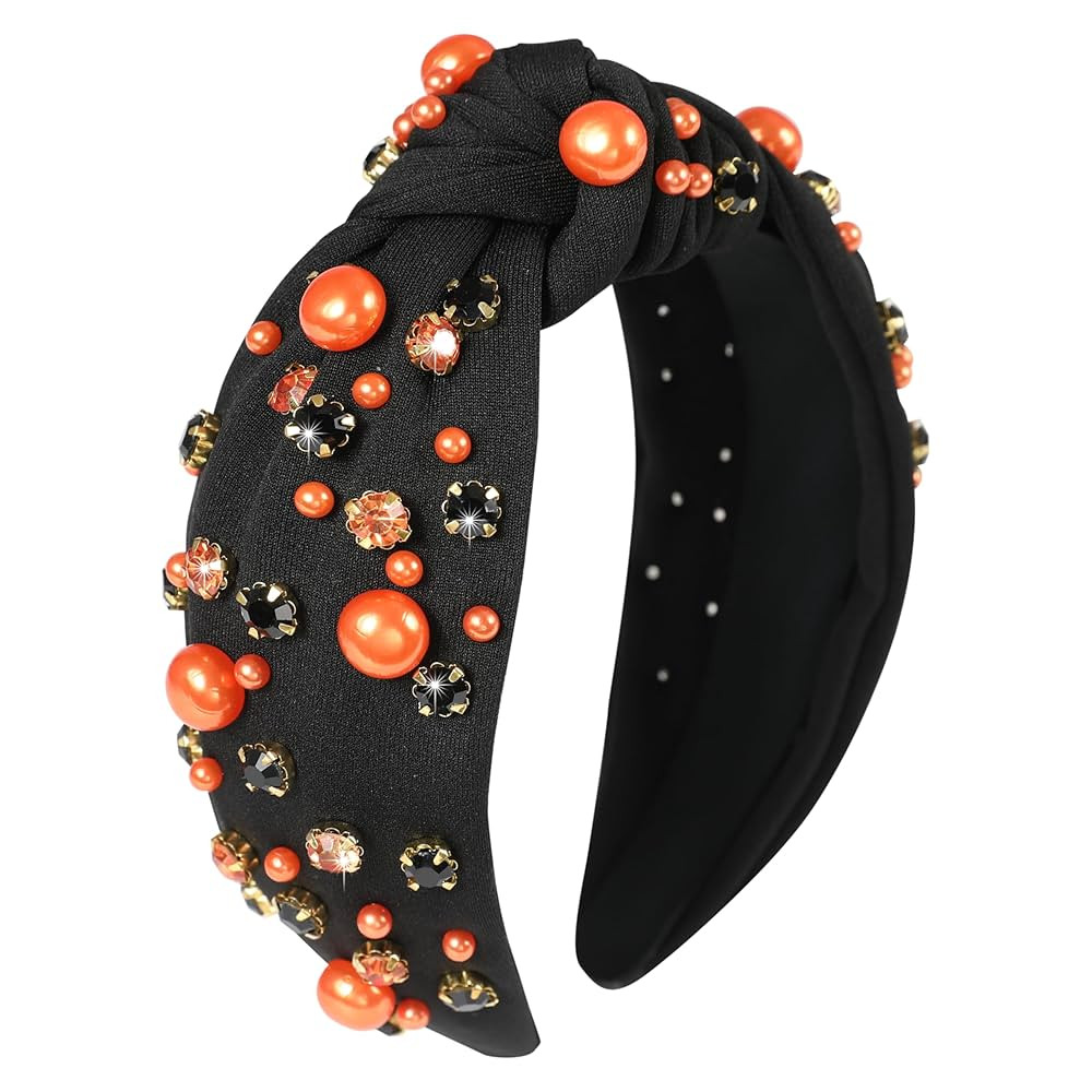 Halloween Pearl Knotted Headbands for Women Sparkly Beaded Crystal Embellished Headband Wide Top ... | Amazon (US)