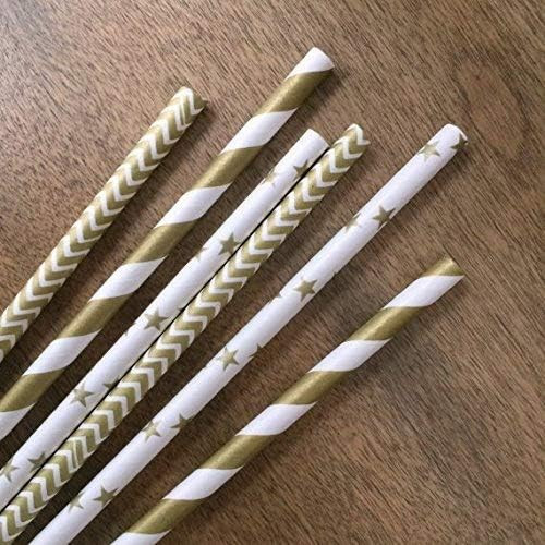 Charmed Gold Star, Chevron, Stripe Paper Straws. 7.75 Inches 75 Pack | Amazon (US)