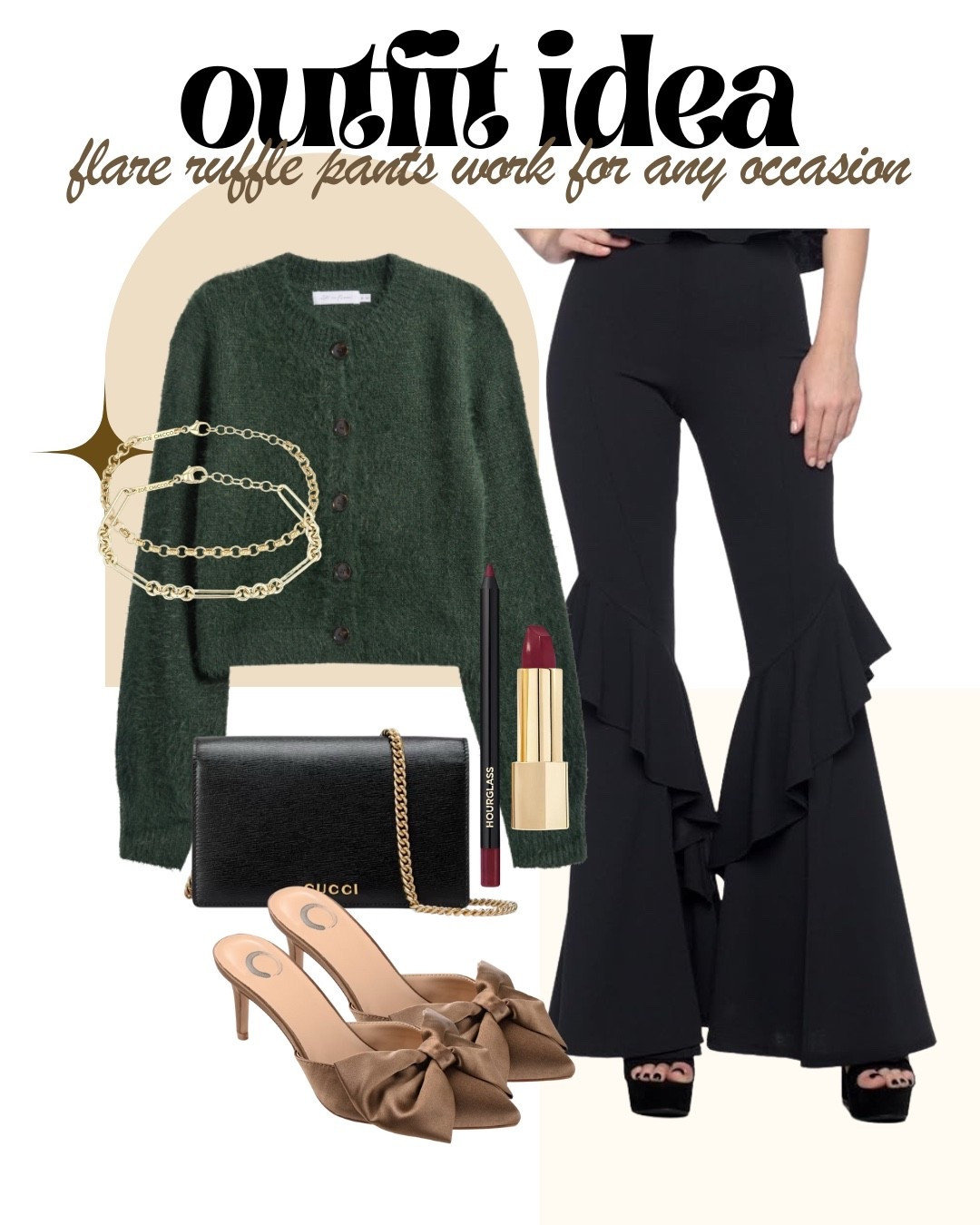Chic drama, but make it wearable ✨ These flare ruffle pants are THE statement piece that instantly elevates any look — paired with a cozy forest green cardigan, luxe gold accessories, and bow-detail heels for that perfect mix of sophisticated and feminine. From dinner dates to holiday parties or even a stylish work look, this outfit proves you can be comfortable and unforgettable at the same time. I have these pants in 4 colors and they are A++++

Flowy, flattering, and confidence-boosting — every item is linked so you can recreate this effortlessly polished vibe with just a tap 🖤

#LTKfinds #LTKstyle #StatementPants #FlarePants #RuffleDetails #ChicOutfit #ElevatedBasics #DateNightStyle #DressyCasual #FallWardrobe #HolidayOutfitInspo #ModernFeminine #ShopTheLook #OOTD #FashionInfluencerFinds

#LTKHoliday #LTKFindsUnder50 #LTKootd
