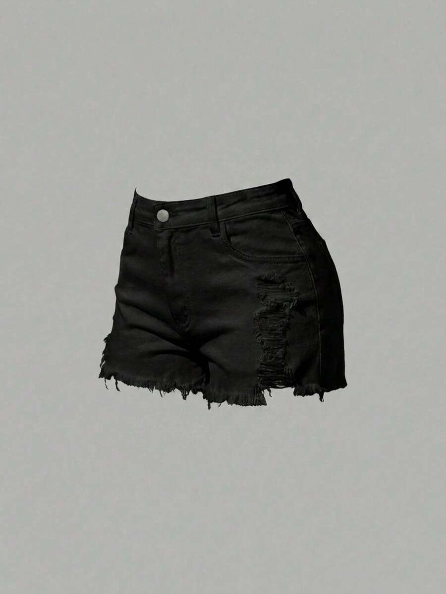 Girlism Teen Girl Plain Color Frayed Hem Skinny Side Pocket Casual Denim Shorts | SHEIN