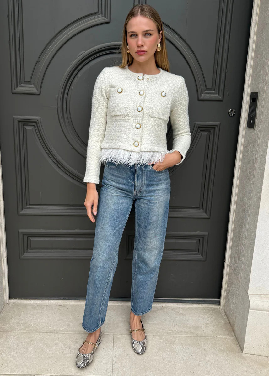 Aspen Feather Fringe Cardigan Jacket - Cream | Benaar La