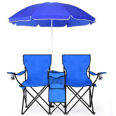 Costway Portable Camping Folding Picnic Double Chair W/Umbrella Table Cooler Beach Camping Chair | Target