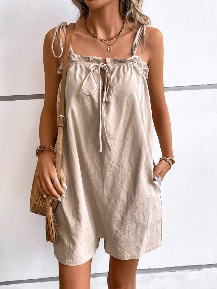 SHEIN Frenchy Tie Front Frill Trim Slant Pocket Cami Romper | SHEIN
