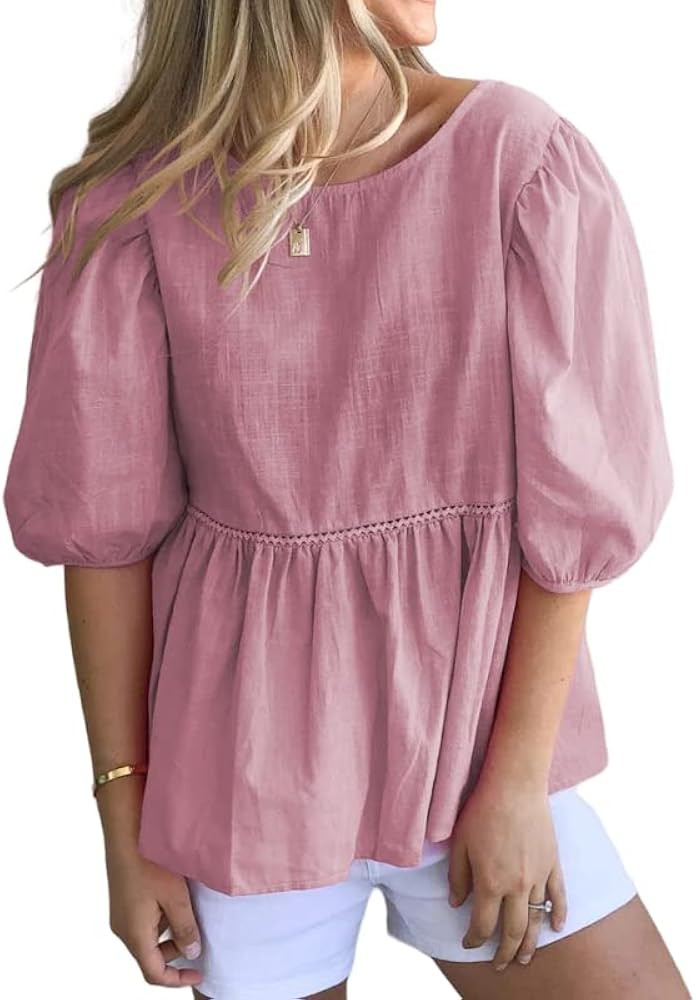 REDMORE Womens Summer Peplum Tops Loose Casual Tunic 2023 Balloon Sleeve Blouses Crew Neck Cute S... | Amazon (US)