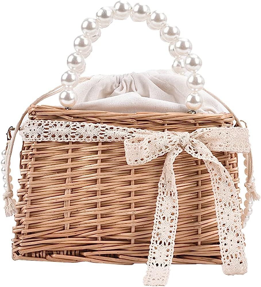 Straw Purse Beach Purse Wicker Bag for Women Beach Straw Bag Rattan Bag Basket Purse Pearl Straw Tot | Amazon (US)