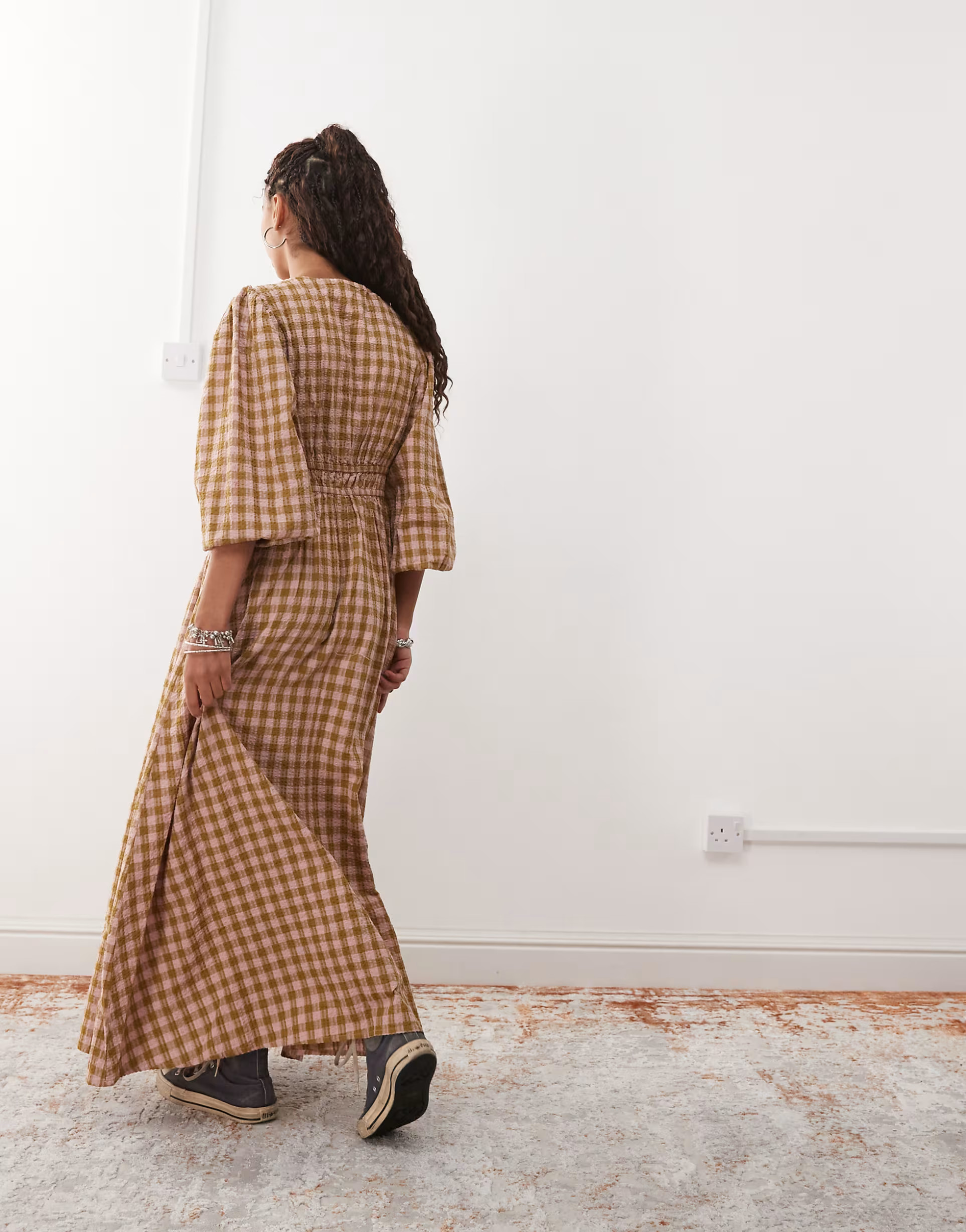 Reclaimed Vintage maxi smock dress with tie front detail in yellow and pink plaid | ASOS (Global)