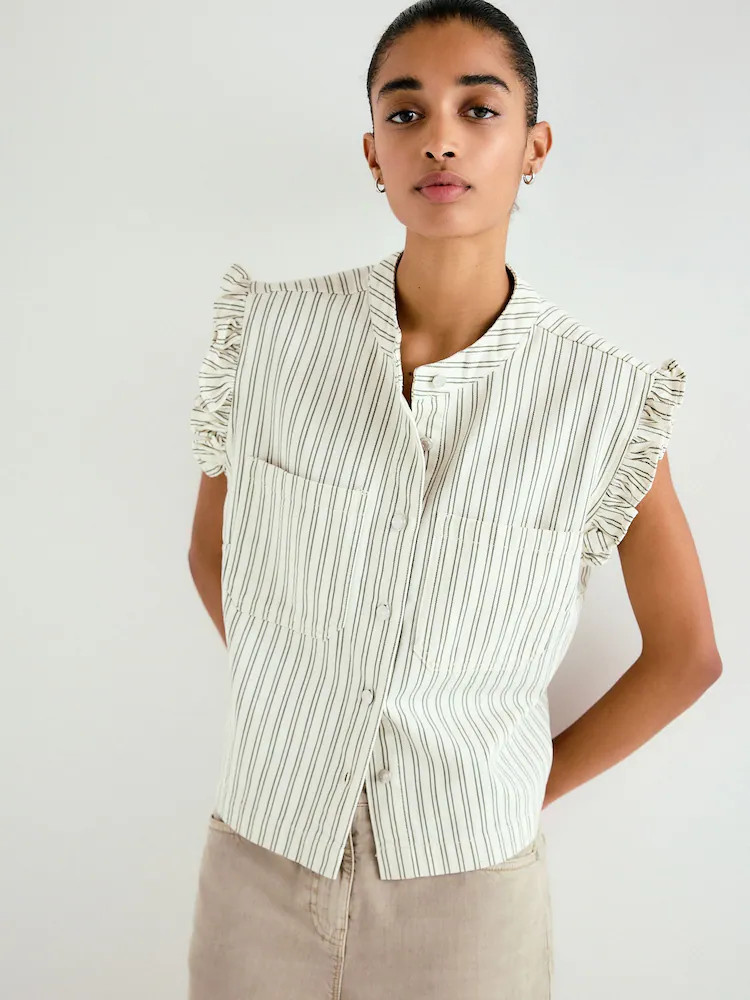 Ecru/Green Stripe Frill Sleeve Denim Gilet | Next US