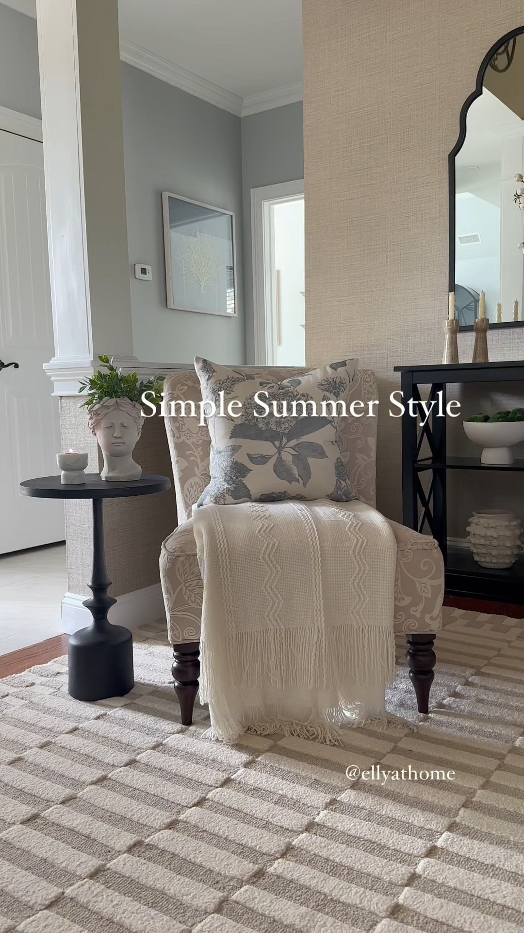 Simple summer entryway! Shop neutral area rug, hydrangeas throw pillows, woven, rattan vase, florals, blue and white vases, temple jar, candleholders, textured minka vases, and more home decor accessories. 

#LTKSaleAlert #LTKHome #LTKFindsUnder50