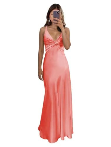 Coral Bridesmaid Dresses Twist Deep V Satin Maxi Dress US4 | Amazon (US)