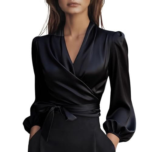 Satin Tops for Women Dressy Elegant Wrap Satin Blouse Sexy Criss Cross Neck Long Sleeve Silk Shirt Trendy Tie Waist Office Silk Tunic Blouse Cocktail Wedding Guest Evening Out Formal Tops 01-Black XL | Amazon (US)