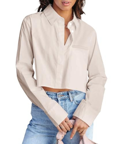 INFITTY Women's White Button Down Shirts Dress Cotton Shirts Long Sleeve Cropped Blouses Loose Work Collared Crop Tops Light Beige M | Amazon (US)