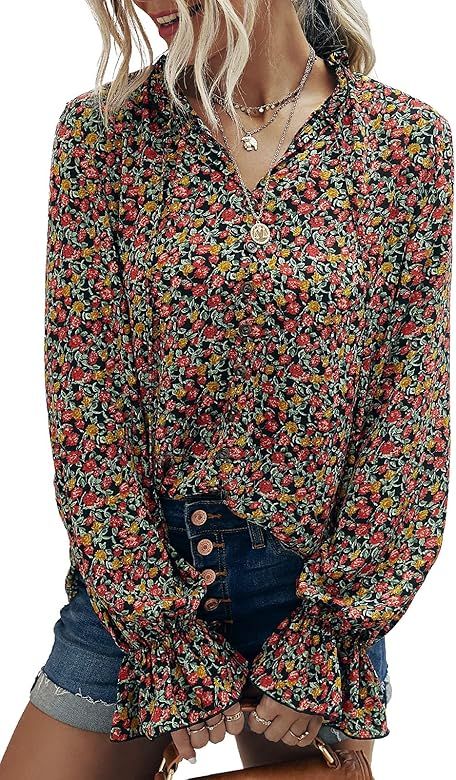 Fesier Long Sleeve Blouses for Women Casual Boho Floral Printed V Neck Shirts Button Ruffle Fashi... | Amazon (US)