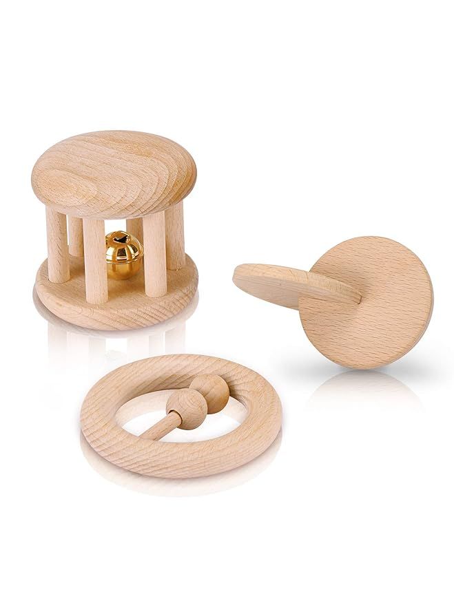 3 Pieces Montessori Toys Wooden Rattle Set Wooden Teether with Bell Toys Wooden Teether Rattle To... | Amazon (US)