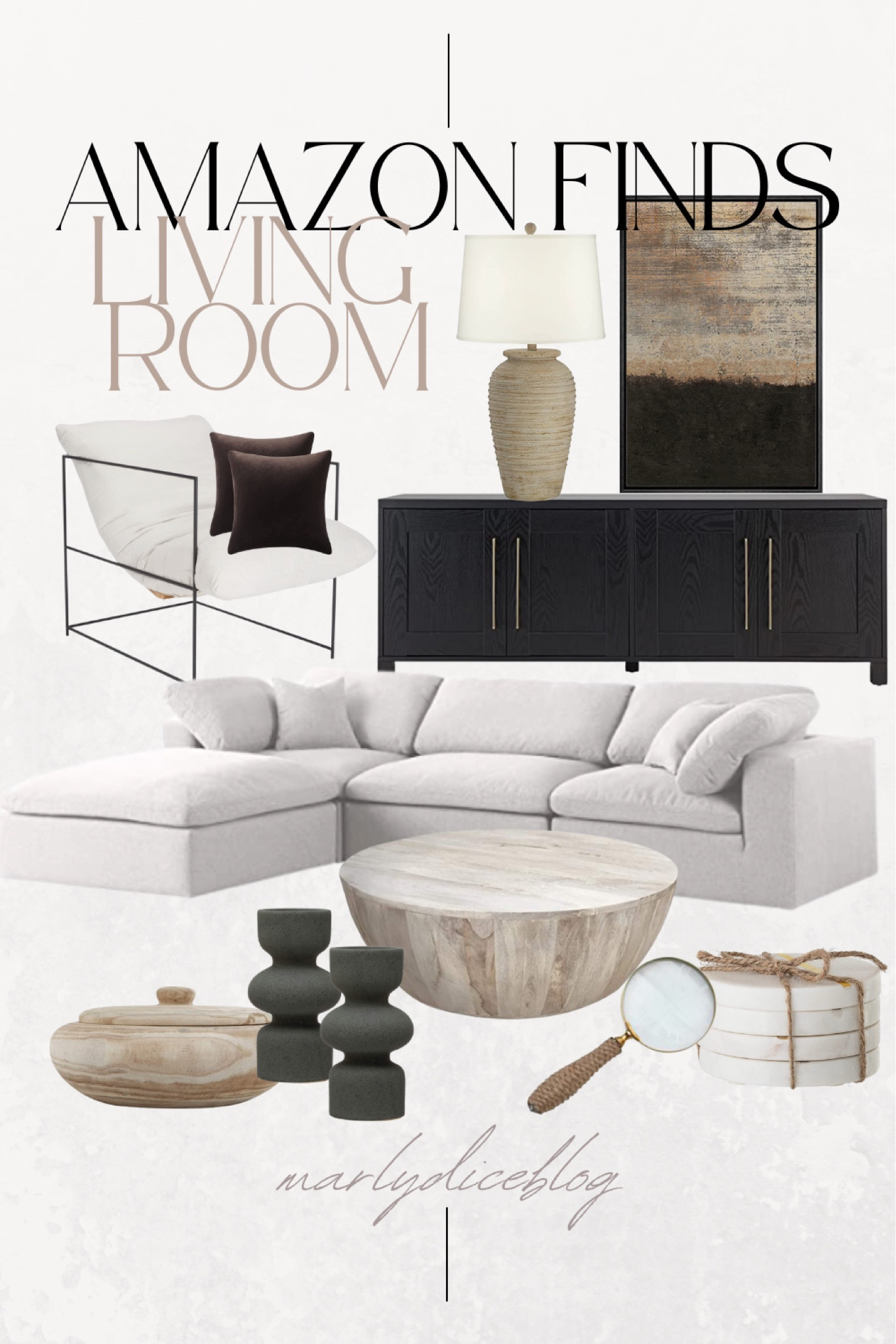 Amazon living room, white sectional, black tv stand, round coffee table, accent chair, Amazon wall art 

#LTKhome