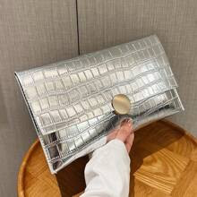 Crocodile Embossed Envelope Bag Silver Metal Decor Clutch Bag | SHEIN